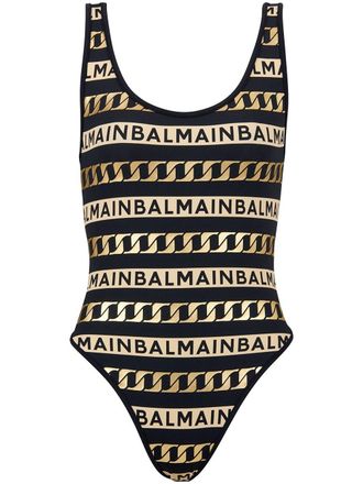 Balmain striped logo-print swimsuit - women - Polyamide/Elastane - 42 - Black