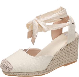 Generic Espadrille Platform Wedge Heel Lace Up Sandals for Women Arch Support Closed Toe Strappy Party Shoes Fashion Versatile Braided Linen Breathable Shoes 