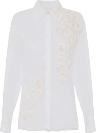 Elisabetta Franchi Overhemden, Dames, Wit, M, Katoen, Geborduurde katoenen voile blouse met rozen