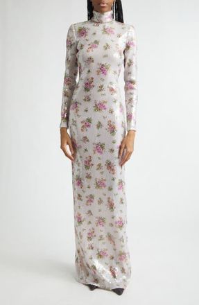 Brandon Maxwell The Monet Long Sleeve Sequin Column Gown in Blush Floral at Nordstrom, Size 4