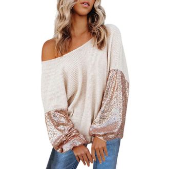 Generic Glitter Off Shoulder Pullover Tops, Sparkly Long Sleeve Top Shirt Off The Shoulder Sweatshirt Causal Loose Blouse Tunic Shirts Sparkly Party Evening B