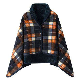 Generic Womens Poncho Fleece Portable Blanket Checked Lap Blanket Multiway Sherpa Fleece Shawls Wraps Winter Warm Soft Chunky Cape with Button Comfortable Pon