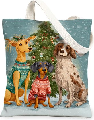 Generic Christmas Dog Canvas Tote Bags, Cute Animal Design Reusable Grocery Bags, Winter Vintage Lightweight Washable Shoulder Stra, Blue, 13x15 Inch