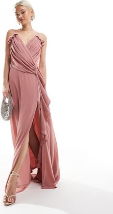 Tfnc Vestito lungo da damigella in chiffon color rosa polvere con parte anteriore a portafoglio, volant e spacco