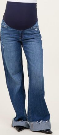 Pinkblush Distressed Cuffed Baggy Wide Leg Maternity Jeans in Navy Blue at Nordstrom, Size 26 X 29