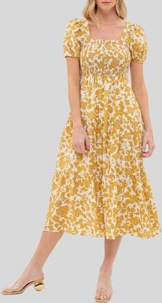 August Sky Puff Sleeve Smocked Midi Dress in Dusty Yellow Multi at Nordstrom Rack, Size Medium