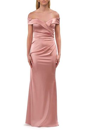 La Femme Off the Shoulder Stretch Satin Evening Dress in Mauve at Nordstrom, Size 12