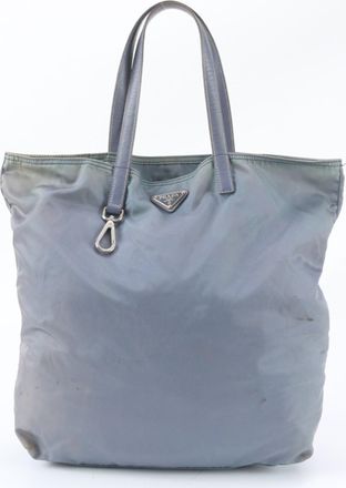 Prada Blue Leather Nylon Handbag Shoulder Bag Tote Bag (Pre-Owned)