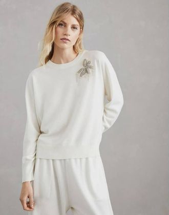 Brunello Cucinelli Womens White Wool Embellished Crewneck Sweater, Size L