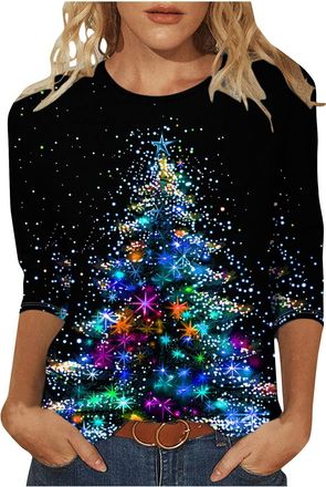 Generic Christmas T Shirts Women Light Up Christmas Tree Printed 3/4 Sleeve Pullover Tops Sparkly Xmas Tree Graphic Shirt Oversized Crewneck Work Office Blous