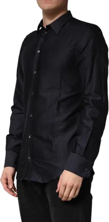 Dolce & Gabbana Mens Black Dotted Cotton Collared Gold Dress Shirt