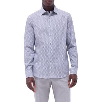 Bugatchi Axel Geo Print Shaped Fit Stretch Cotton Button-Up Shirt in Zinc at Nordstrom, Size Xxx-Large