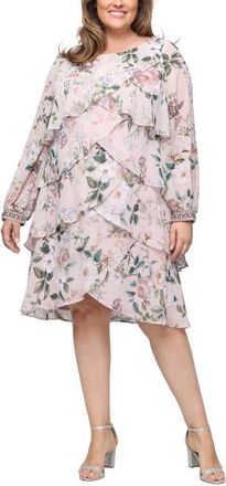 S.L. Fashions Floral Long Sleeve Tiered Cocktail Dress in Blush Multi at Nordstrom, Size 14W
