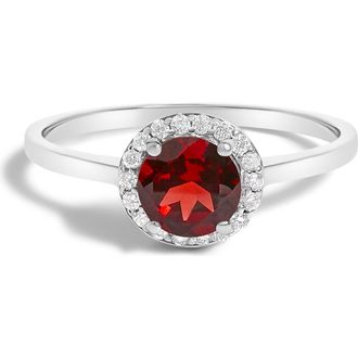 House of Brilliance 10K Gold Gemstone and 1/10 Cttw Diamond Halo Birthstone Ring in White | Red Garnet at Nordstrom, Size 6.5