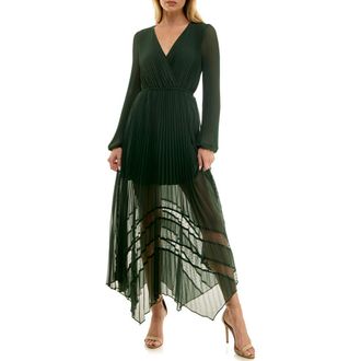 Socialite Long Sleeve Lace Inset Pleated Chiffon Dress in Deep Hunter at Nordstrom, Size X-Large