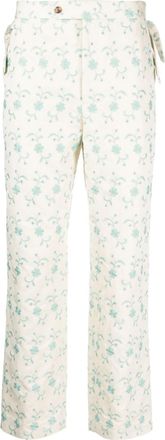 Bode floral-embroidery straight-leg trousers - men - Cotton/Silk - 31 - Neutrals