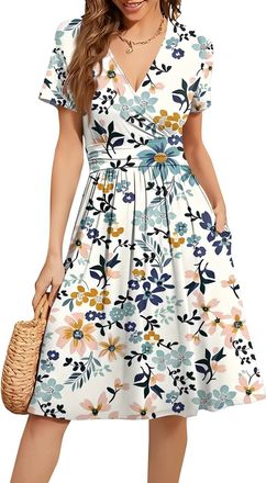 Generic Dresses for Women Clearance, Womens Summer Casual Short Sleeve Dresses V Neck Floral Vacation Sundress Faux Wrap Midi Dress with Pockets 18th Birthday