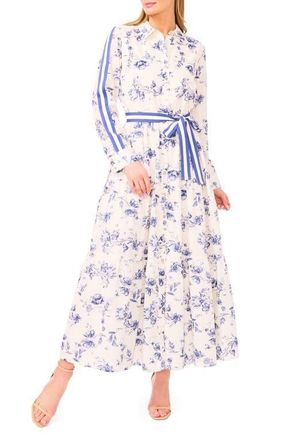 CeCe by Cynthia Steffe Floral Print Long Sleeve Belted Shirtdress in Classic Navy at Nordstrom, Size X-Small