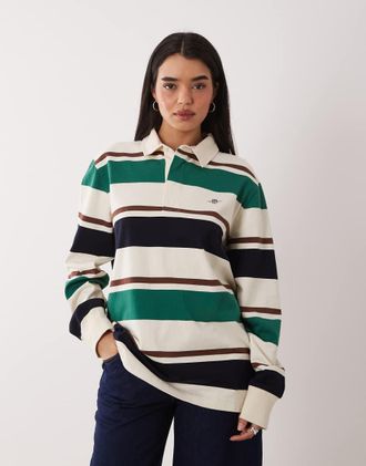 GANT Top stile rugby color crema e blu navy a righe a contrasto con logo-Verde