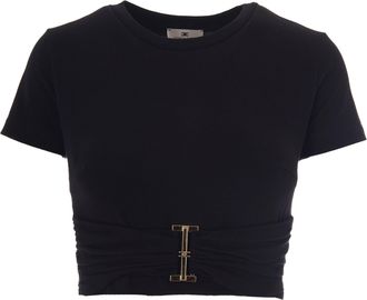 Elisabetta Franchi Draped Jersey T-Shirt With Metallic Logo Ring
