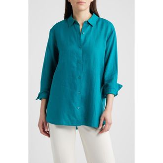 Eileen Fisher Classic Collar Organic Linen Long Button-Up Shirt in Teal at Nordstrom, Size Xx-Small