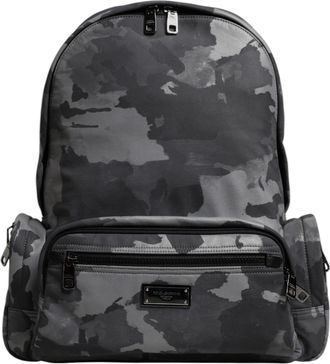 Dolce & Gabbana Mens Camouflage Logo Plaque Backpack Gray Cotton Nylon Polyester