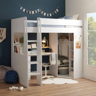 Flair Harper High Sleeper Bed with Desk, Wardrobe & Storage in White | Size: Single