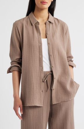 Eileen Fisher Easy Classic Organic Cotton Button-Up Shirt in Cocoa at Nordstrom, Size X-Small