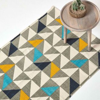 Homescapes Copenhagen Blue, Yellow and Grey 100% Cotton Geometric Style Scandi Printed Rug, 160 x 230 cm