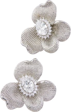 Savvy Cie Jewels RHODIUM PLATED OVER BRASS MATTE FLOWER SPARKLY CENTER EARRINGS