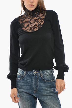 Valentino Maglia in Lana Vergine a Tinta Unita con Inserto in Pizzo Valentino