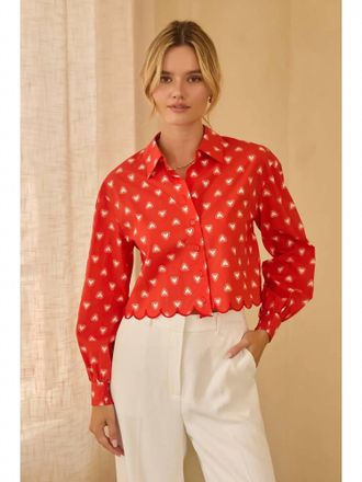 Skies Are Blue Clothing Heart Poplin Scalloped Trim Top In Redr