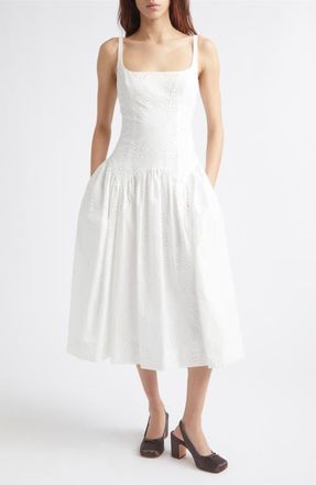 Sandy Liang Cricket Cotton Eyelet Midi Dress in White at Nordstrom, Size 10