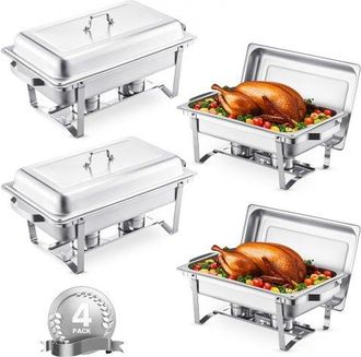 OEM Juego De 4 Platos Para Calentar Alimentos De Acero Inoxidable Con 4 Sartenes Tama&ntilde;o Completo(7,5 L), Rectangular, Para Catering Con Tapa, Soporte Para