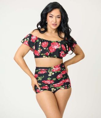 Unique Vintage Monroe High Waist Bikini Bottom in Black Cabbage Rose Print at Nordstrom, Size Medium