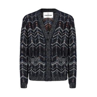 Missoni Cardigans, male, Blue, Size: L Cotton Chevron Cardigan with Ribbed Trims