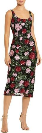 Mac Duggal Floral Beaded Mesh Scoop Neck Fitted Midi Dress in Black Multi at Nordstrom, Size 10