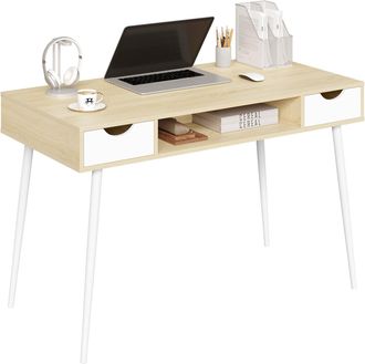 Woltu Escritorio De Ordenador Mesa De Oficina Mesa De Trabajo Pc Grande Tablero De 58x120cm Con 2 Cajones Y 1 Compartimento Abierto Marco De Acero Madera Ro