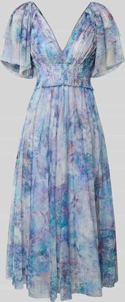 Lace & Beads Cocktailkleid mit Smok-Details und V-Ausschnitt in Blau, Gr&ouml;&szlig;e XXS