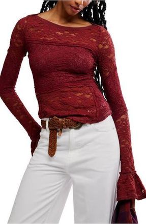 Free People Bell Sleeve Sheer Cotton Blend Lace Top in Cabrenet at Nordstrom Rack, Size Small