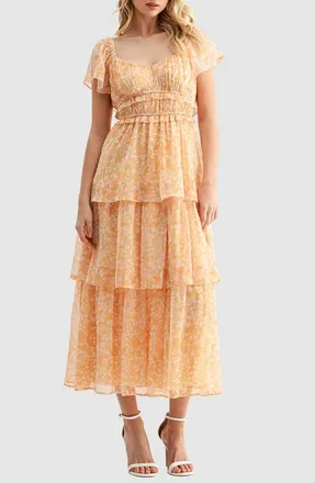 Mila Mae Floral Print Pleated Tiered Midi Dress in Mustard Floral at Nordstrom, Size X-Small
