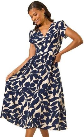 Roman Womens Leaf Print V-Neck Midi Dress - Navy Denim - Size 10 UK