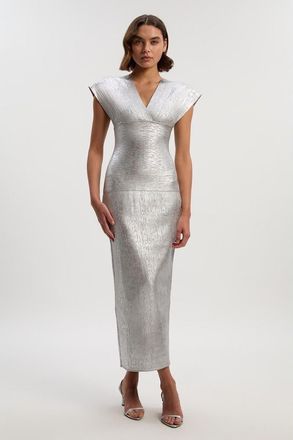 Karen Millen Deep V-Neck Angel Sleeve Maxi Dress in Silver at Nordstrom, Size X-Small