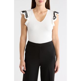 Elie Tahari V-Neck Ruffle Sleeve Top in White Star/Black at Nordstrom Rack, Size X-Small