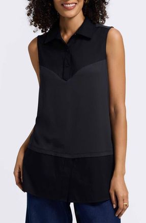 Foxcroft Sasha Mixed Media Sleeveless Layered Shirt in Black at Nordstrom, Size X-Small