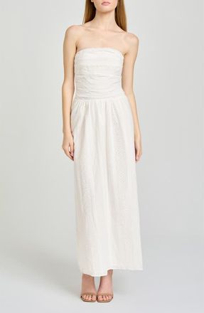 Wayf Pippa Gathered Eyelet Strapless Cotton Midi Dress in Ivory at Nordstrom, Size X-Small