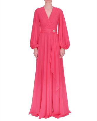 Reem Acra V-Neck Long Sleeve Gown In Fuschia
