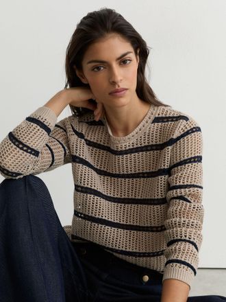 Reiss Neutral & navy Cotton-blend Open-knit Stripe Jumper, XS