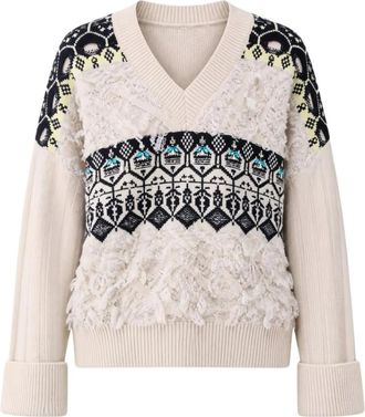 Liu Jo Maglia Scollo V Fant. Jacquard - Dames - V-hals truien - Beige - XS - Wol - Truien & Vesten