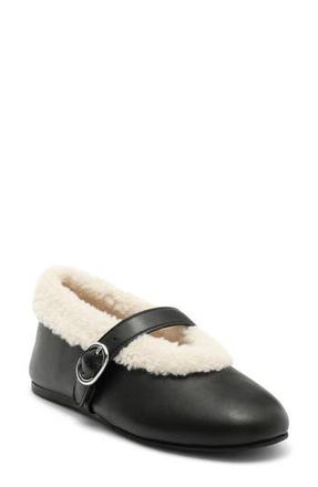 Steve Madden Lodge Faux Shearling Lined Mary Jane Flat in Black Leather at Nordstrom Rack, Size 8.5